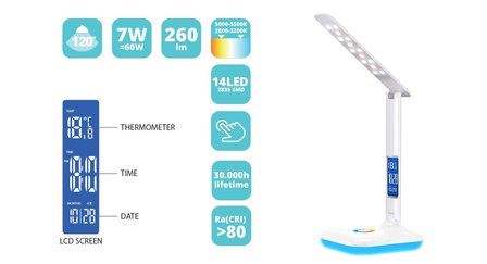 Bureaulamp met tijd, wekker -en temperatuurweergave.