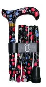 Finna wandelstok plooi- en verstelbaar, volledig in bloemenmotief zwart bloemen/framboos
