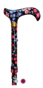Finna wandelstok plooi- en verstelbaar, volledig in bloemenmotief zwart bloemen/framboos