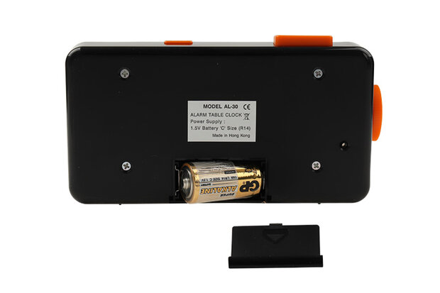 Duidelijke wekker, witte cijfers op zwart.