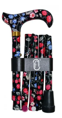 Finna wandelstok plooi- en verstelbaar, volledig in bloemenmotief zwart bloemen/framboos