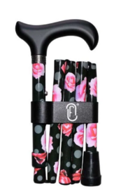 Finna wandelstok plooi- en verstelbaar, zwart houten handvat zwart met rozen, aluminium