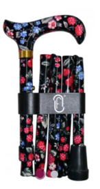 Finna wandelstok plooi- en verstelbaar, volledig in bloemenmotief zwart bloemen/framboos